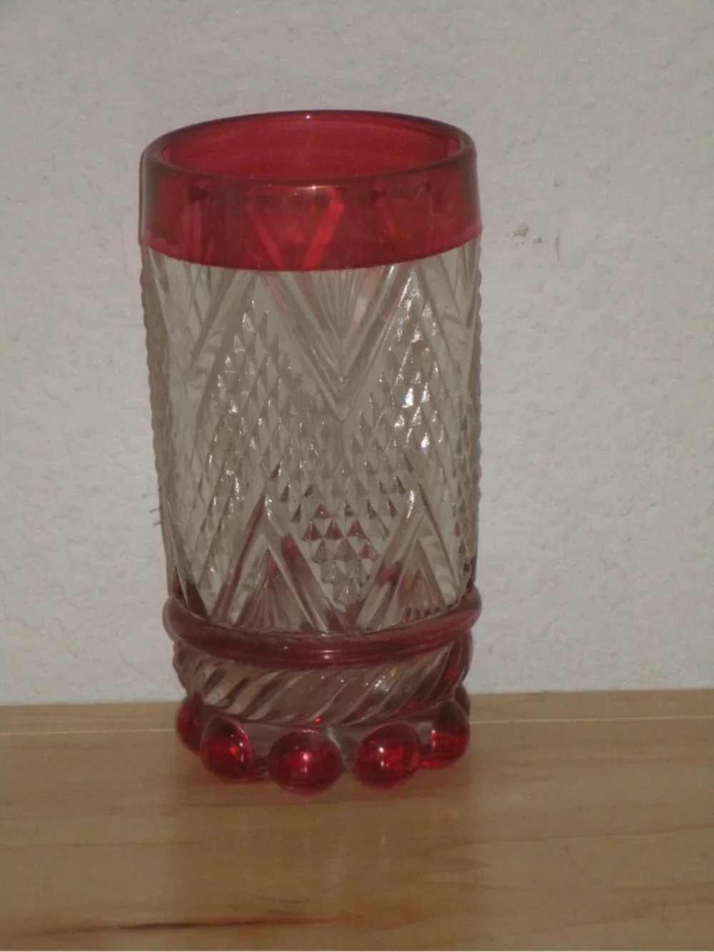 Indiana Glass With Diamond Point Pattern With Ruby Flash Rim Circular Bottom